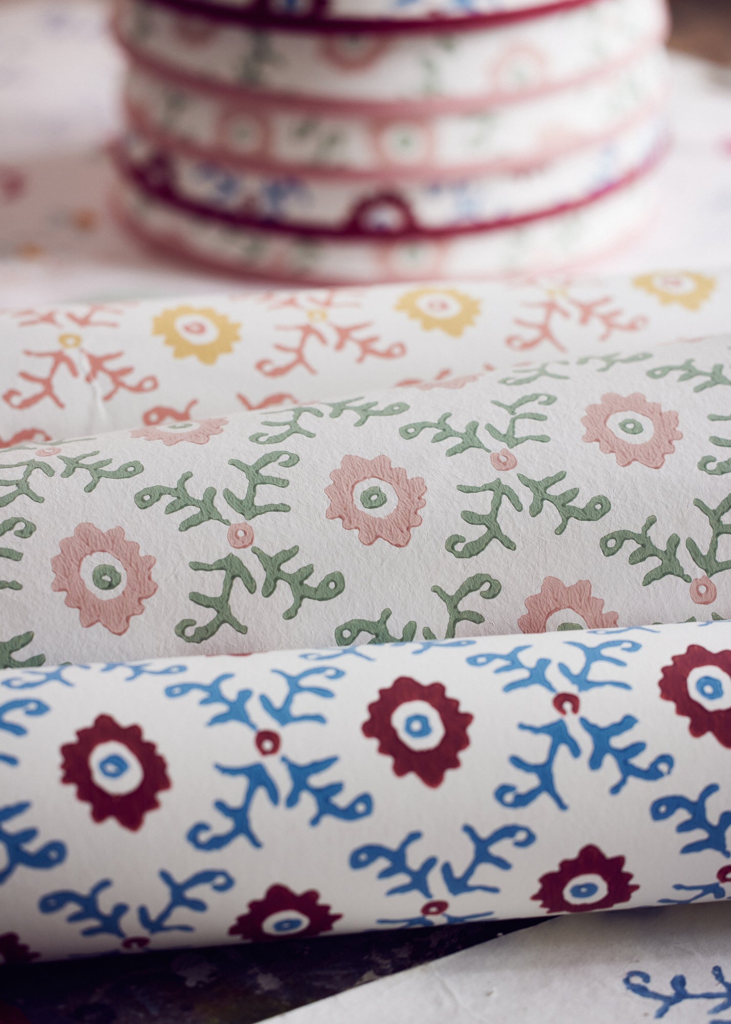 Folk Flower Wallpaper ~ Red / Blue